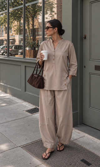 Silk Top- Barrel Pants set- Chalk