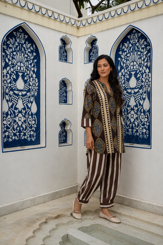 Ajrakh Short Kurti- Farshi Pants Set
