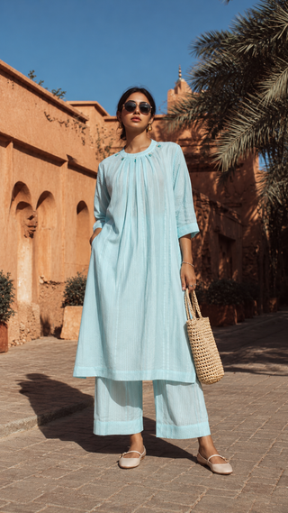 Pleated Jhumka Kurta Set- Sky Blue
