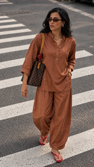 Silk Top- Barrel Pants set- Rust