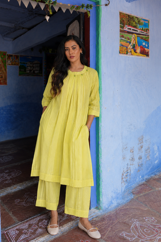 Pleated Jhumka Kurta Set- Lime Green
