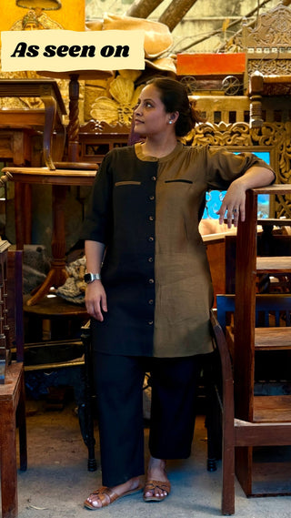 Kalyani Linen Set- Black Khaki