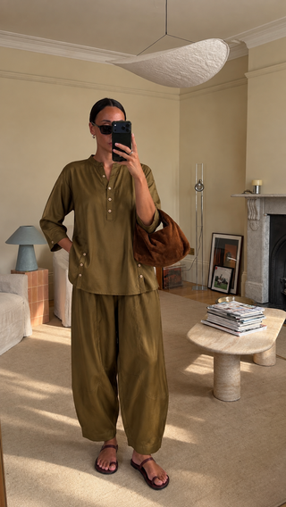 Silk Top- Barrel Pants set- Dark Olive