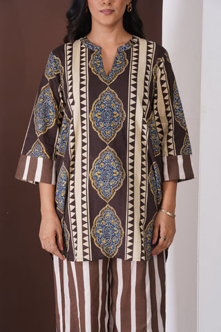 Ajrakh Short Kurti- Farshi Pants Set