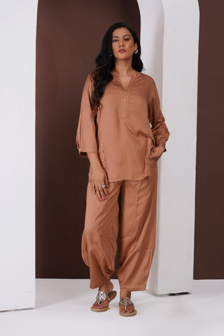 Silk Top- Barrel Pants set- Rust
