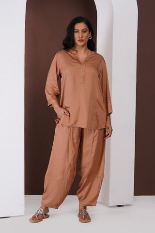 Silk Top- Barrel Pants set- Rust