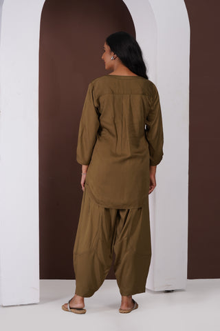 Silk Top- Barrel Pants set- Dark Olive