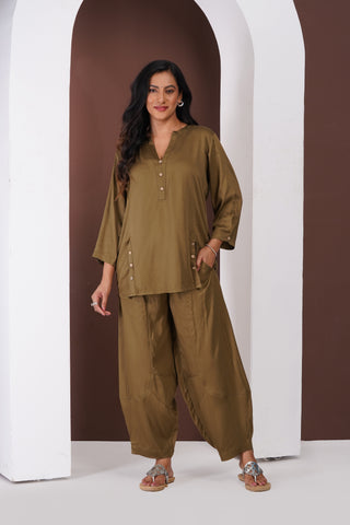 Silk Top- Barrel Pants set- Dark Olive
