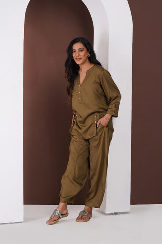 Silk Top- Barrel Pants set- Dark Olive