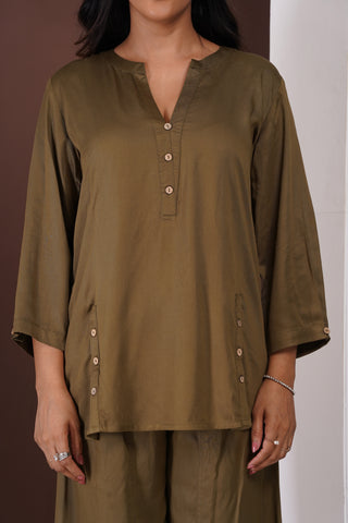 Silk Top- Barrel Pants set- Dark Olive