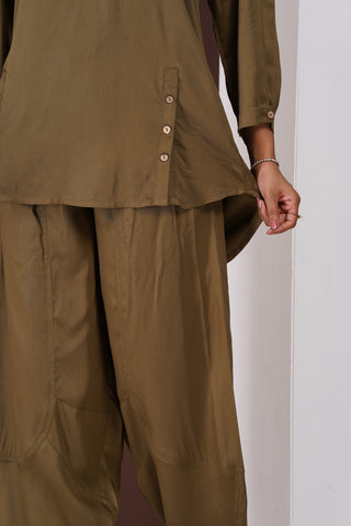 Silk Top- Barrel Pants set- Dark Olive