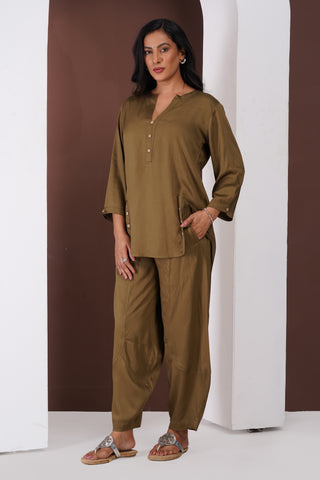 Silk Top- Barrel Pants set- Dark Olive