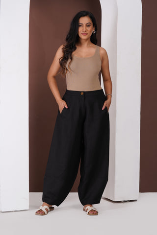 Linen Barrel Trouser- Black