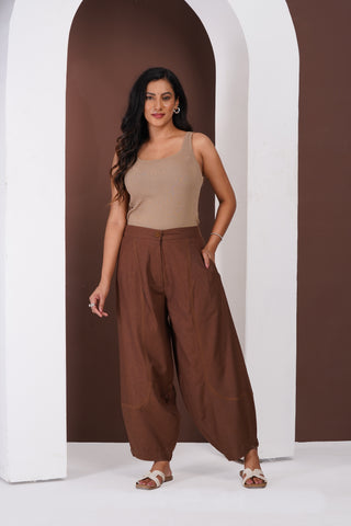 Linen Barrel Trouser- Brown
