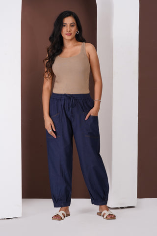 Linen Cargo Casual Pants- Navy