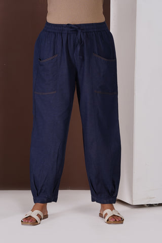 Linen Cargo Casual Pants- Navy