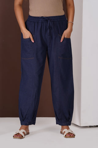Linen Cargo Casual Pants- Navy