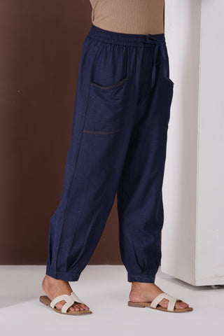 Linen Cargo Casual Pants- Navy