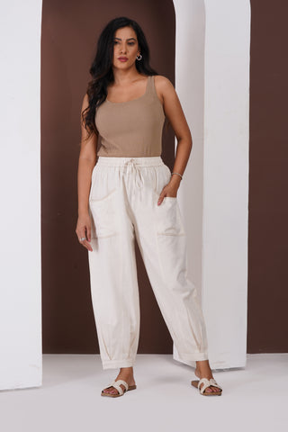 Linen Cargo Casual Pants- Ivory