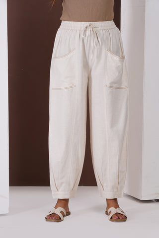 Linen Cargo Casual Pants- Ivory
