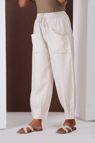 Linen Cargo Casual Pants- Ivory