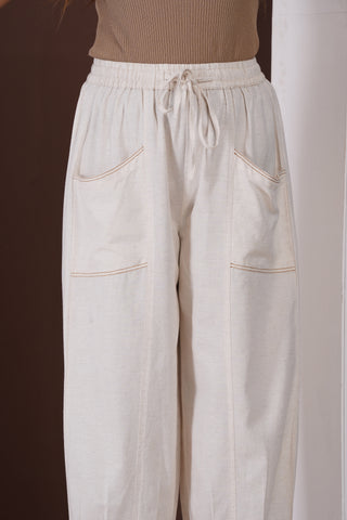 Linen Cargo Casual Pants- Ivory