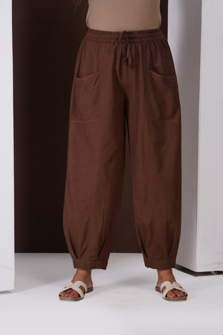 Linen Cargo Casual Pants- Brown