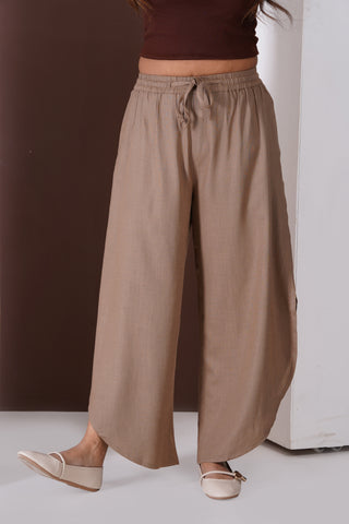 Side Slit Linen Casual Pants- Sand Brown