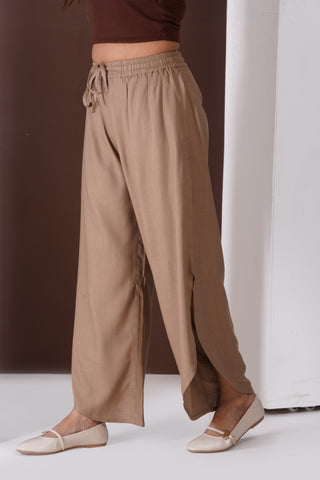 Side Slit Linen Casual Pants- Sand Brown