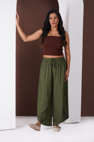 Side Slit Linen Casual Pants- Olive Green