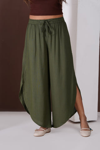 Side Slit Linen Casual Pants- Olive Green