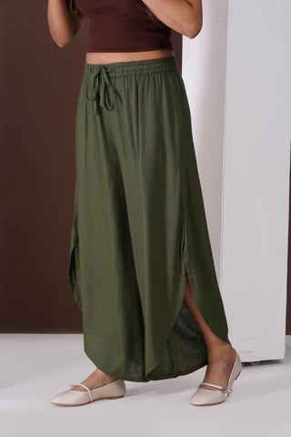 Side Slit Linen Casual Pants- Olive Green