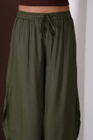 Side Slit Linen Casual Pants- Olive Green