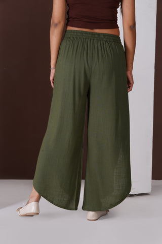 Side Slit Linen Casual Pants- Olive Green