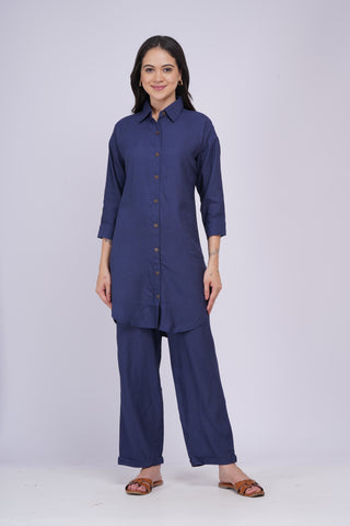 Maya Back Button linen Set- Navy