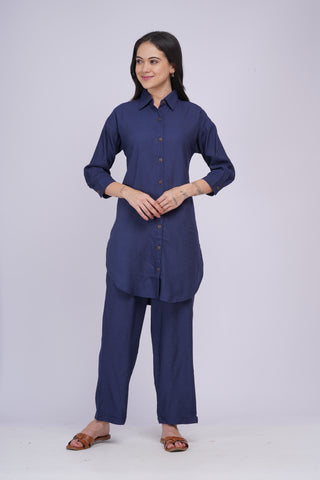 Maya Back Button linen Set- Navy