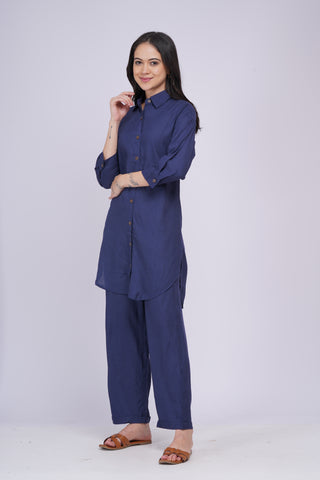 Maya Back Button linen Set- Navy