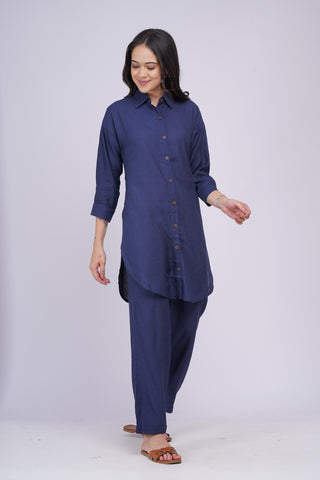 Maya Back Button linen Set- Navy