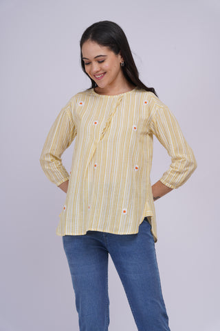 Coco Hand Embroidered Kurta Top- Lemon