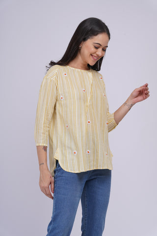 Coco Hand Embroidered Kurta Top- Lemon