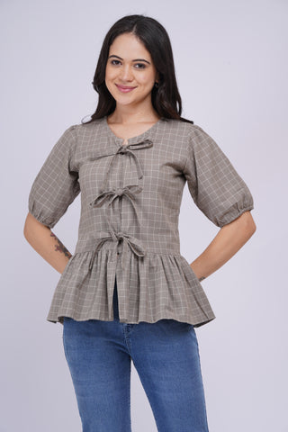 Gigi Peplum Handloom Top- Dusty Olive