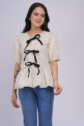Gigi Peplum Handloom Top- Cream