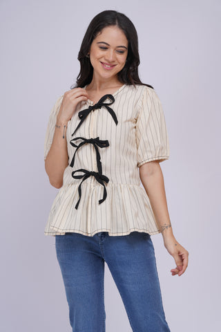 Gigi Peplum Handloom Top- Cream