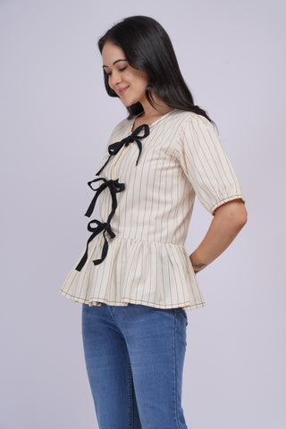 Gigi Peplum Handloom Top- Cream