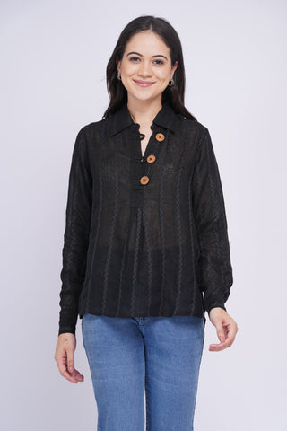 Sheer Pure Linen Top-  Black