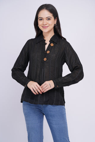 Sheer Pure Linen Top-  Black