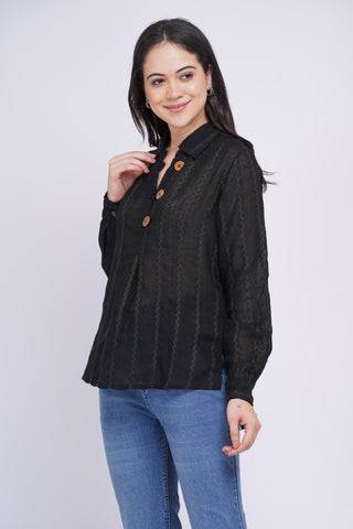 Sheer Pure Linen Top-  Black