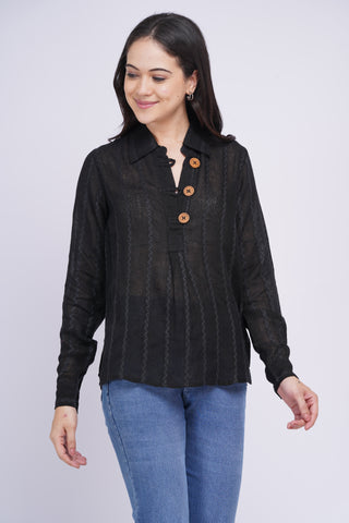 Sheer Pure Linen Top-  Black