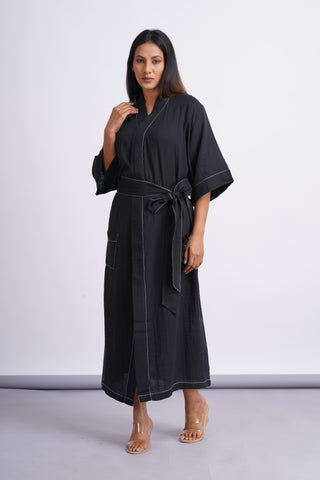 Gauze Cotton Day Robe- Black
