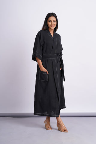 Gauze Cotton Day Robe- Black